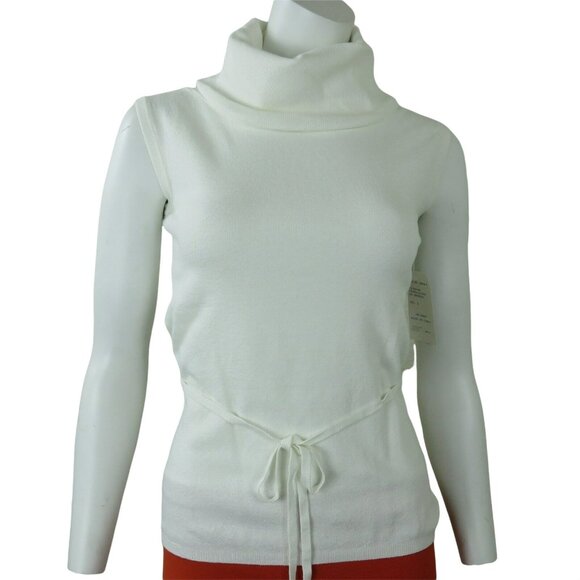 New Turtleneck Sweater Top L White Knit Tie Belt Sleeveless V.A.S. Clothing Co. - Picture 9 of 12
